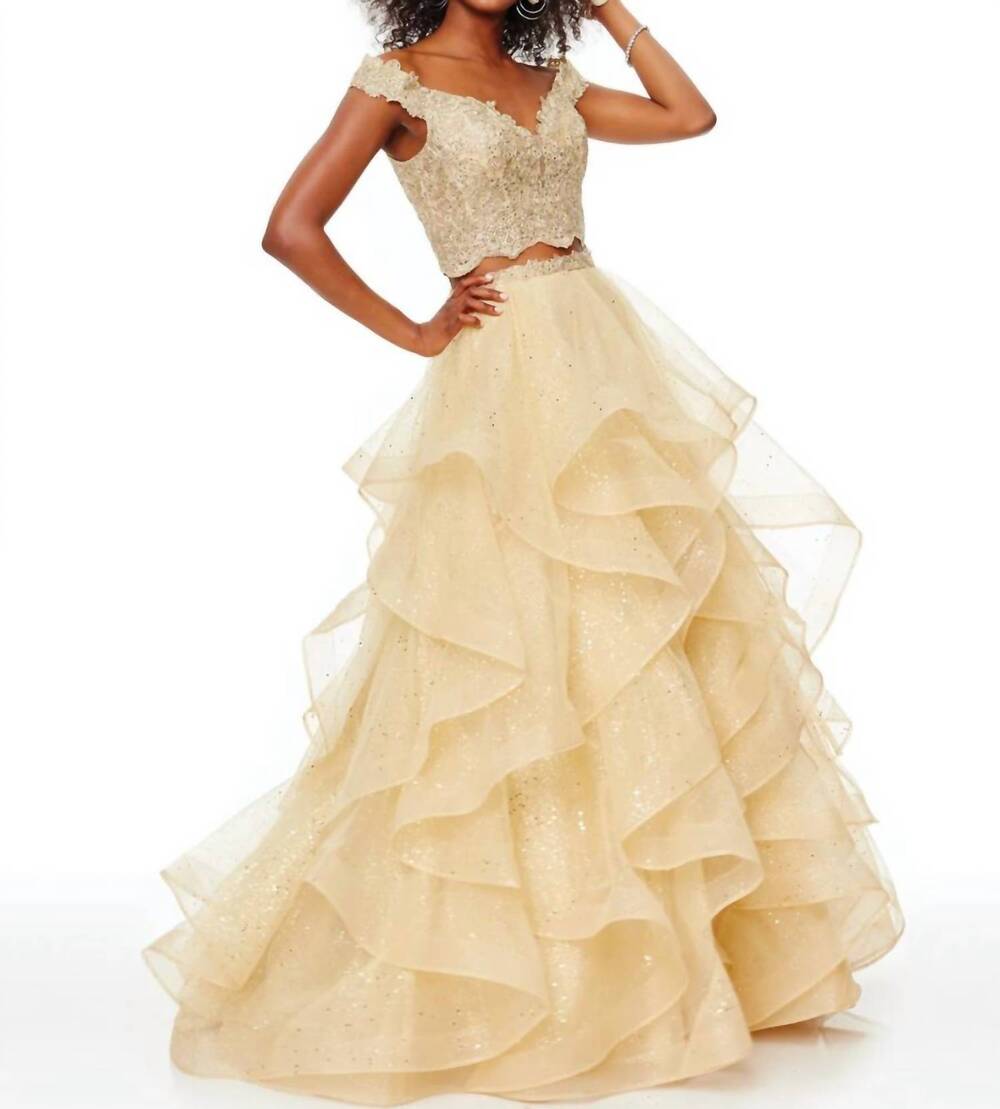 NEW CLARISSE two piece plunging off-shoulder ruffled a-line prom dress in gold